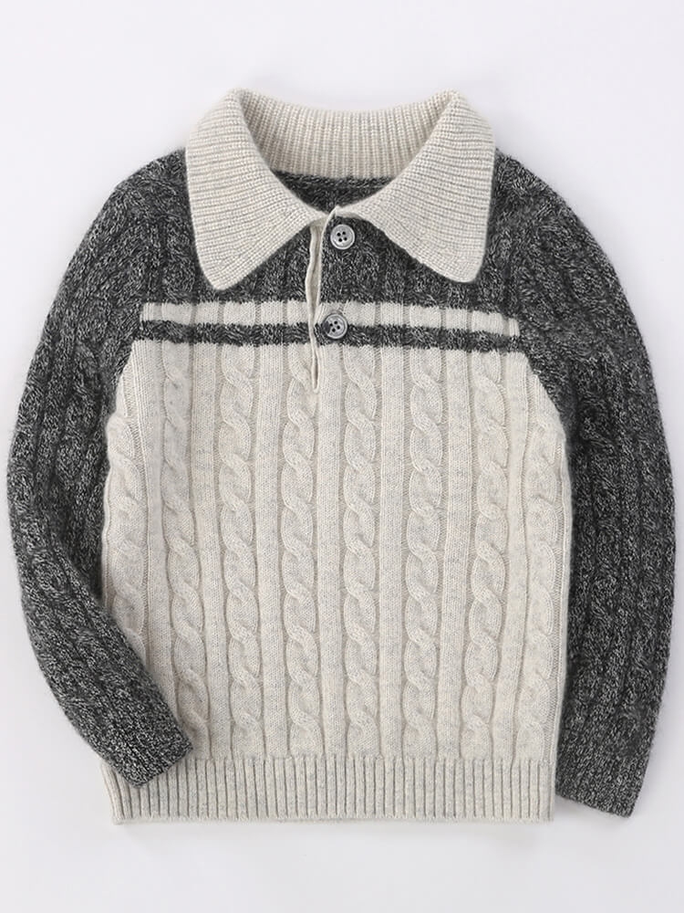 Cable Knit Cashmere Button Collar Sweater with Contrast Sleeves